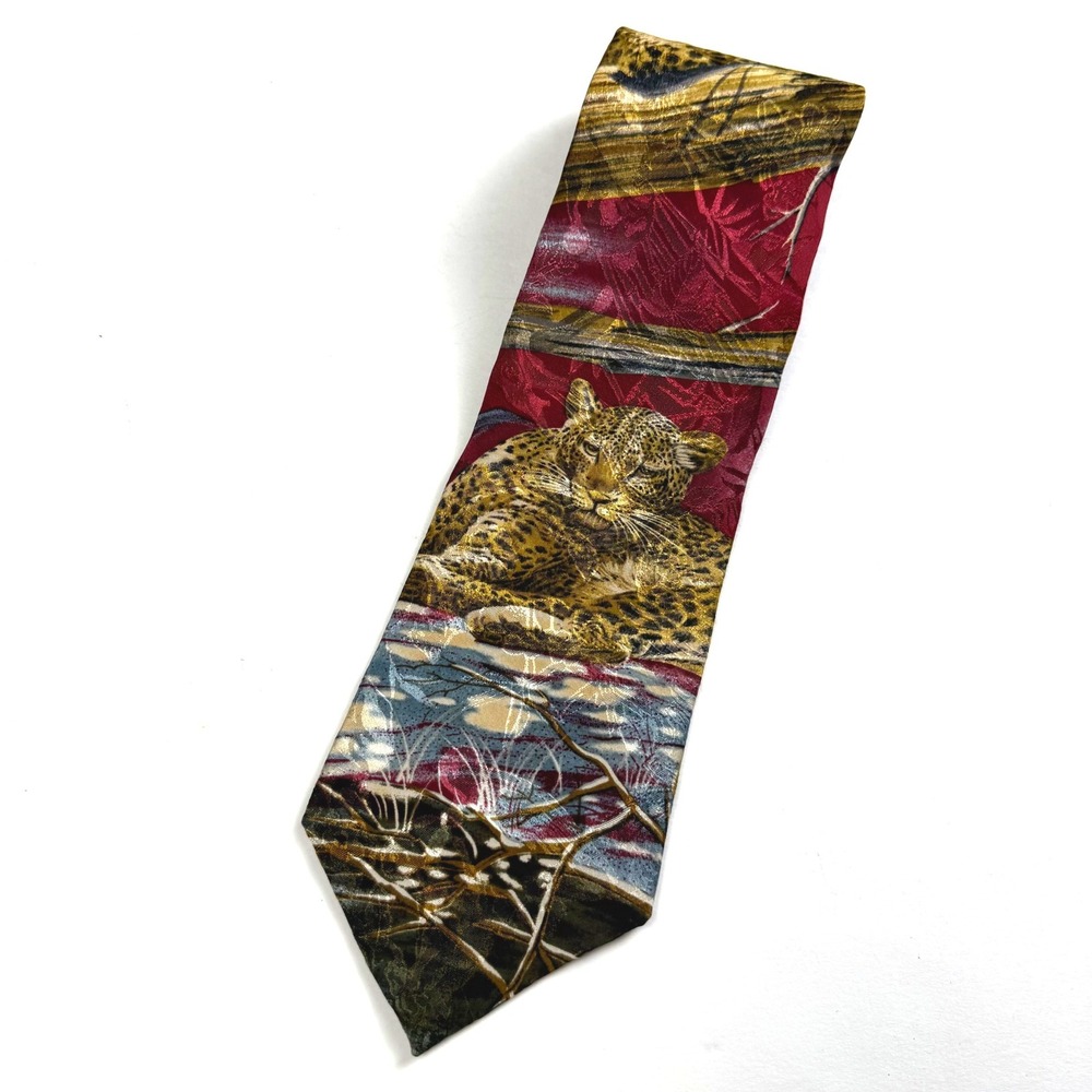 Endangered Species Necktie Mens One Size Leopard Animal Print‎ Silk Burgundy Tie